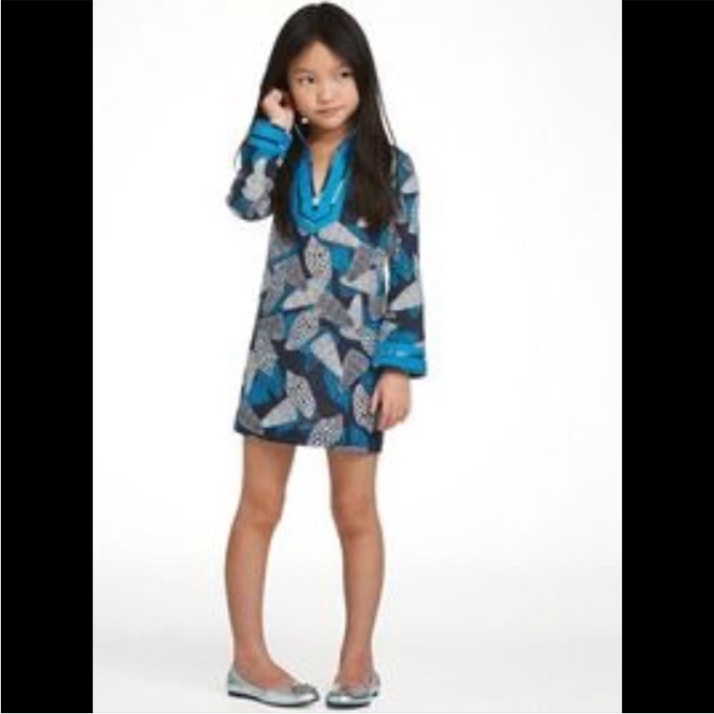 Tory Burch Girls XL Seashell Print Cotton Tunic Dress Blue White Boho Beach